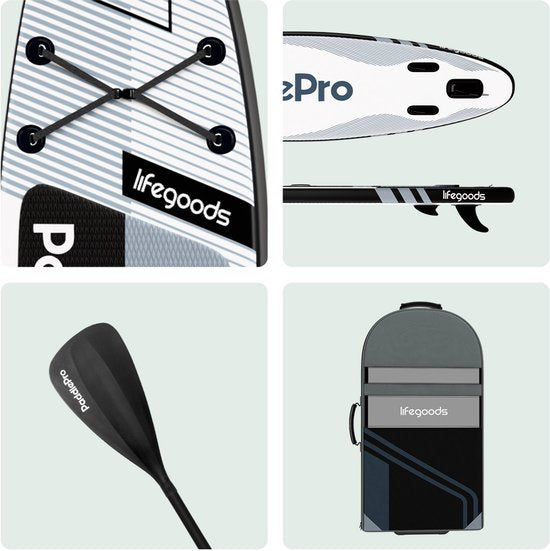 LifeGoods PaddlePro SUP Board Pro - Pro Set - Aufblasbares Paddle Board - Max. 150KG - 320x81cm - Schwarz/Weiß