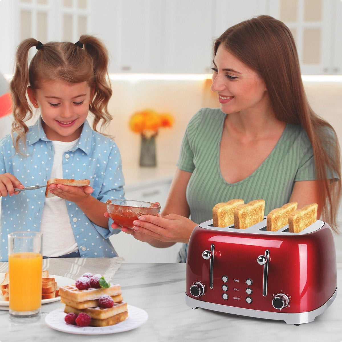KitchenBrothers Retro-Toaster - 6 Heizstufen - 4 extra breite Schlitze - 1630W - Aufwärm- und Auftaufunktion - Rot