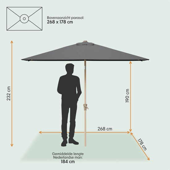 LifeGoods Sonnenschirm - Garten - 270x180cm - 30° neigbar - Wasserdicht - UPF50+ - Holzbeschichtung - Dunkelgrau