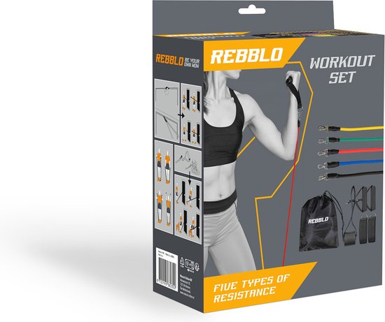 Rebblo – Heimtrainingsset – 10-teilig – Widerstandsbänder – Fußschlaufen – Griffe – Türanker – Fitnessset inkl. Aufbewahrungstasche – 2/3/4/5/6 kg