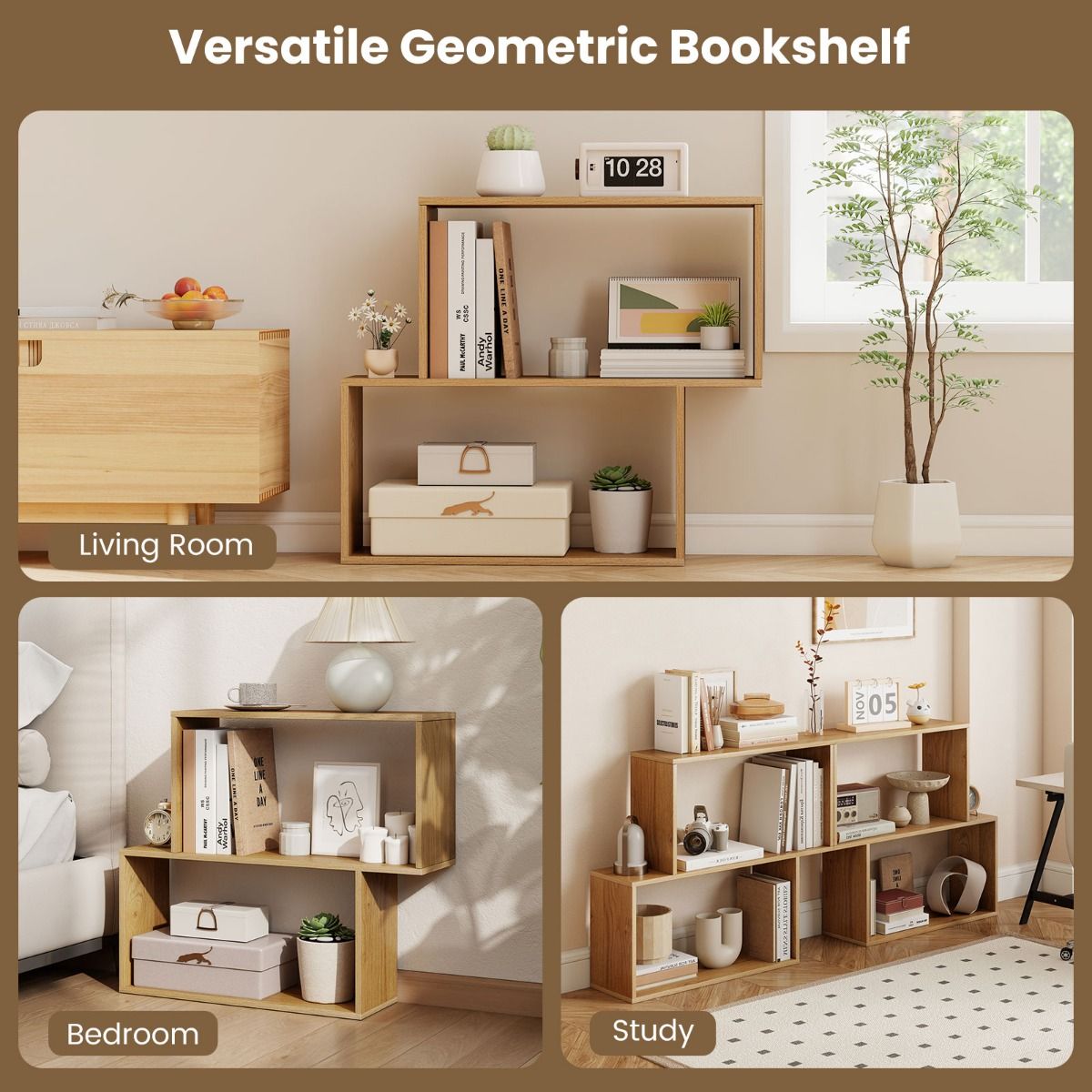 Coast Bücherregal – 3-stöckiges geometrisches Design – 2 würfelförmige Fächer – Naturholz