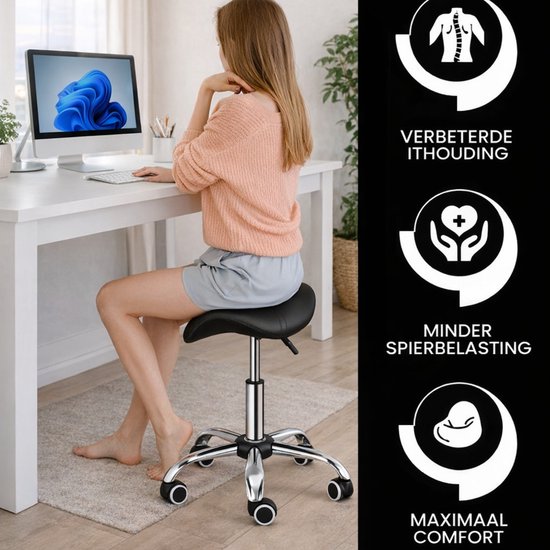 Bayt Sattelhocker - Sattelstuhl - Barbierhocker - Sattelhocker auf Rollen - Tabouret - Höhenverstellbar - Schwarz