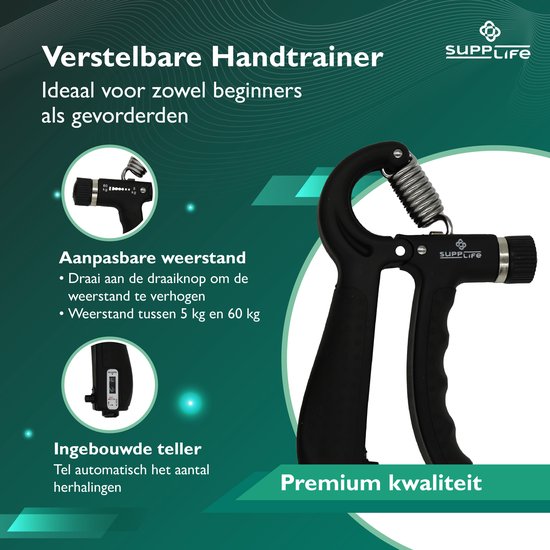 Supplife Handtrainer-Set, 5-teilig – Verstellbarer Handpresser mit Zähler – Grifftrainer & Griffball – Fingertrainer – Anti-RSI