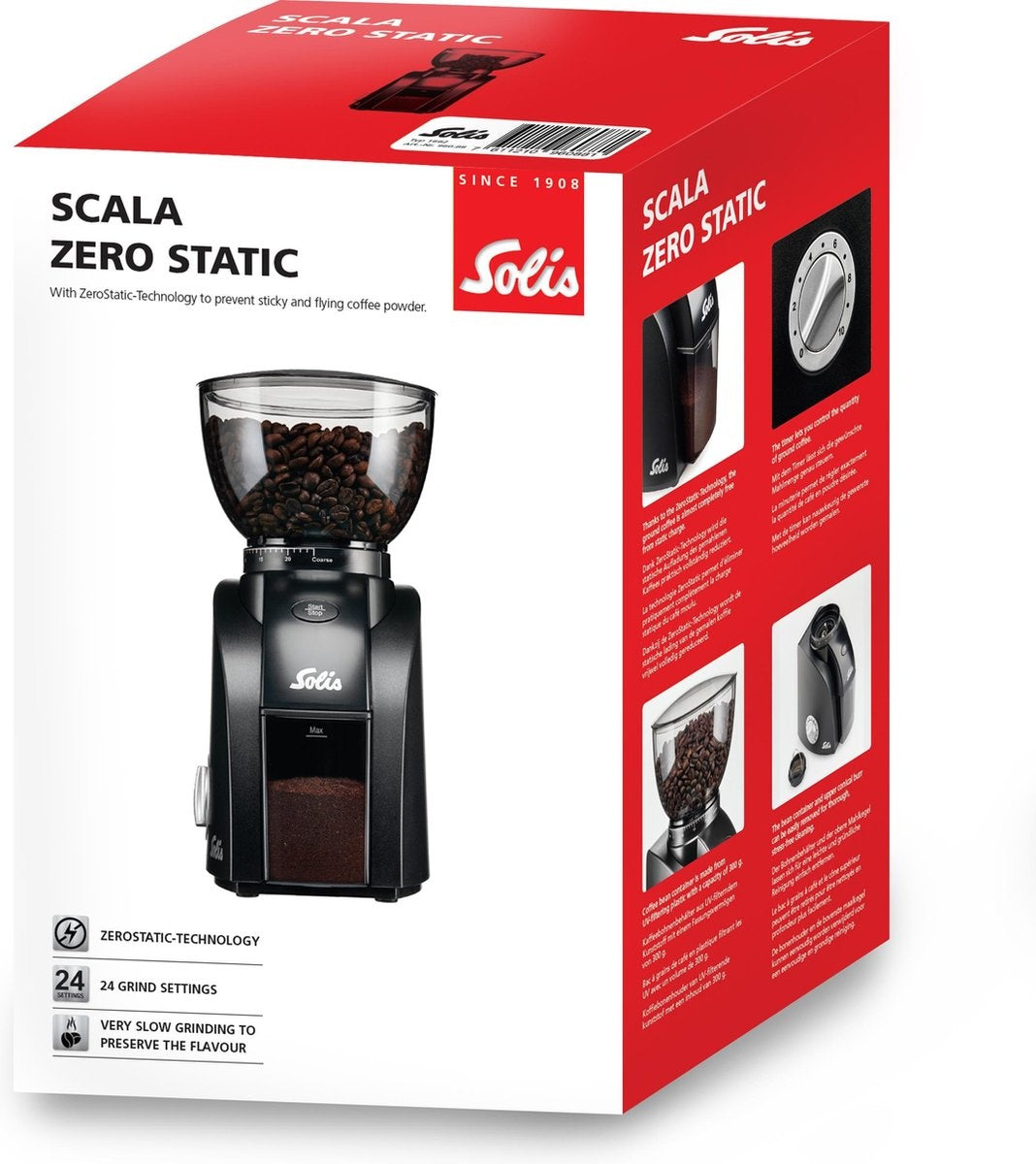 Solis Scala Zero Static 1662 Kaffeemühle - Elektrische Kaffeemühle - Kaffeemühle mit 24 Mahlgradeinstellungen - Antistatisch - Schwarz