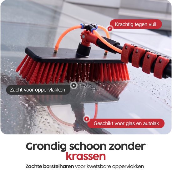 Infinity Goods Teleskop-Fensterreinigungsbürste 7,5 m – Fensterwischer – Fensterwischer – Seifenspender – Wasserdurchlauf – Schwarz/Rot