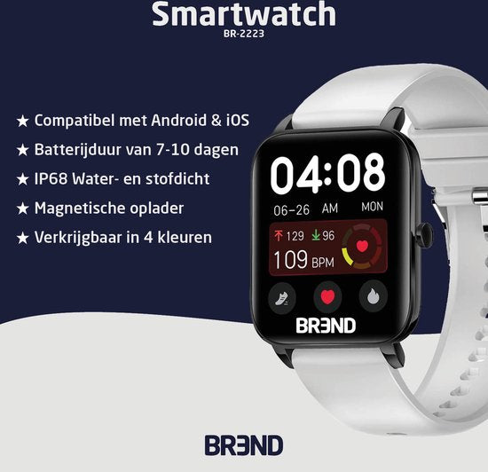 BREND Smartwatch für Frauen und Männer - Schrittzähler, Blutdruckmesser und Herzfrequenzmesser - Sportuhr - wasserdicht - weiß