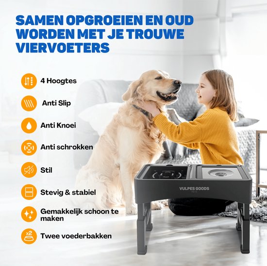 Vulpes Goods Pets - Futter- und Trinknapf Hund mit Ständer - Slow Feeder - Anti Spill and Chew - 4 Höhen - Schwarz
