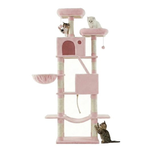Joyfurnos Kratzbaum 206 cm – XXL-Katzenkletterturm mit 13 Kratzstämmen, 2 Katzenhäuschen und Hängematte – Rosa