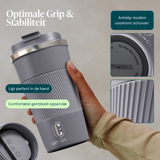 Castagnola Thermobecher – Kaffeebecher zum Mitnehmen – Reisebecher für Kaffee und Tee – Teebecher – 510 ml – Edelstahl – Grau