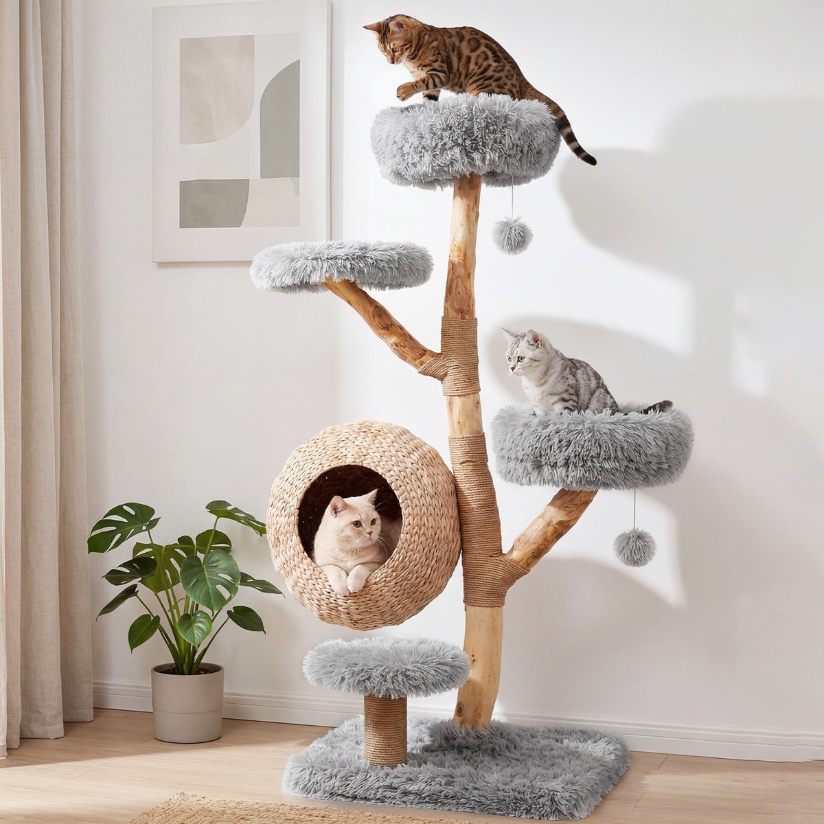 Coast Katzenbaum mit fünf Etagen – handgeflochtenes Katzenhaus – Kratzstämme aus Jute – grau