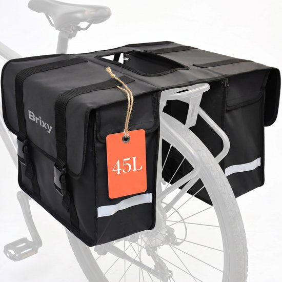 Brixy Doppel-Fahrradtasche – Wasserdichte Fahrradtaschen – 45 l – Mit Reflektoren – E-Bike – Schwarz