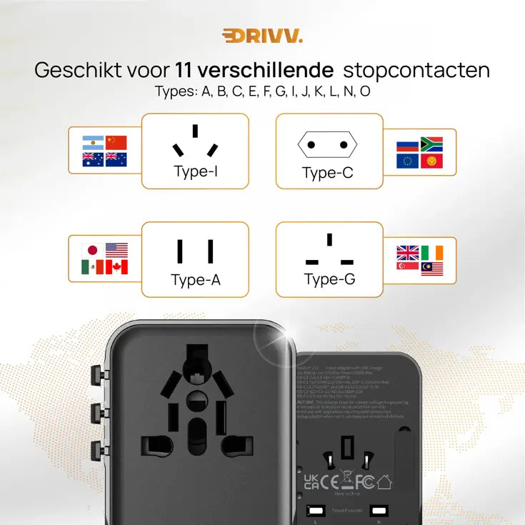 Drivv. Universeller USB-C-Reiseadapter mit 45 W – für über 180 Länder – 3x USB-C & 2x USB-A – kompakter Reiseadapter