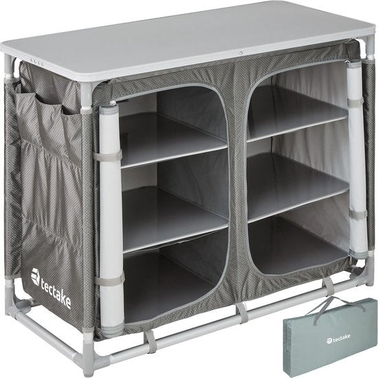 tectake - Campingschrank 97x47,5x78cm - klappbar - abschließbare Fächer - stabile Arbeitsflächen - praktische Seitentaschen - grau