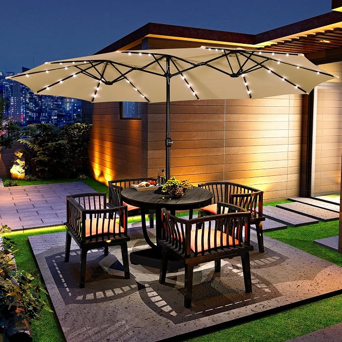 Yaheetech Doppel-Sonnenschirm 15FT mit Solar-LED-Beleuchtung und Fuß – Beige – Extra großer Gartenschirm mit Sandsäcken