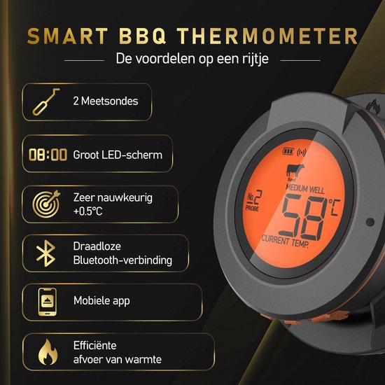 MostEssential AT-02 Fleischthermometer - Smart BBQ Thermometer - Inklusive Bluetooth, App & 2 Messfühler
