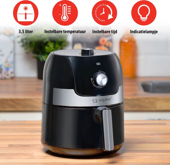 alpina Airfryer 3.5L - Heißluftfritteuse 2 bis 3 Personen - Heißluftfritteuse mit einstellbarer Temperatur von 80 bis 200°C - Heißluftofen Airfryer Timer bis zu 60 Minuten - 1400W - Schwarz
