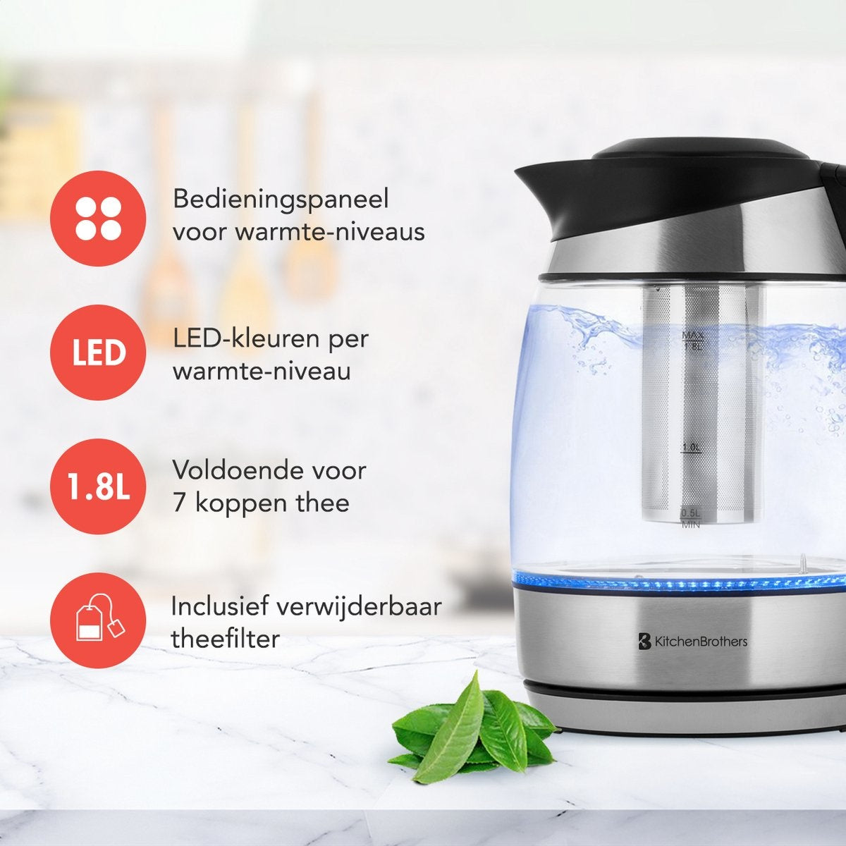 KitchenBrothers Elektrischer Wasserkocher - 1,8L - Temperaturregelung - Warmhaltefunktion - mit Teefilter - 2200W - 1,8L - Glas - Edelstahl