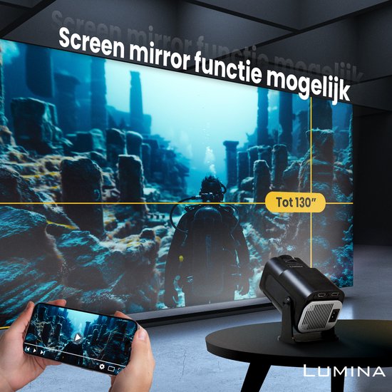 Lumina® Pro Mini Beamer 2025 – Tragbarer 4K-Smart-Projektor mit WLAN 6 und Bluetooth 5.2 – Kompatibel mit iOS und Android – Ideal für das Heimkino – Schwarz