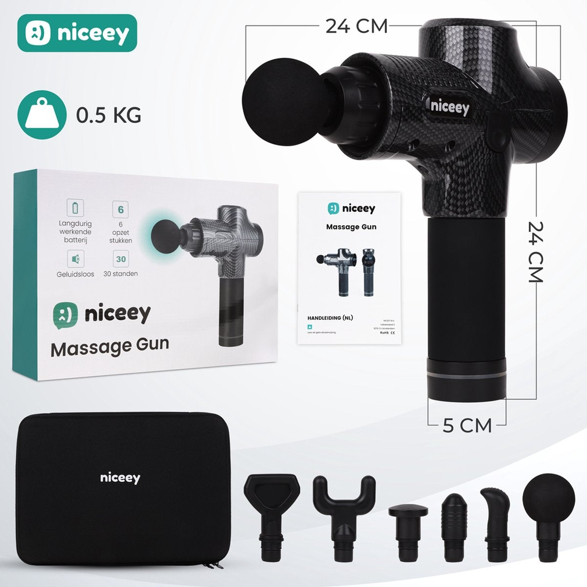 Niceey Professional Massage Pistole - Kabellos - Schwarz