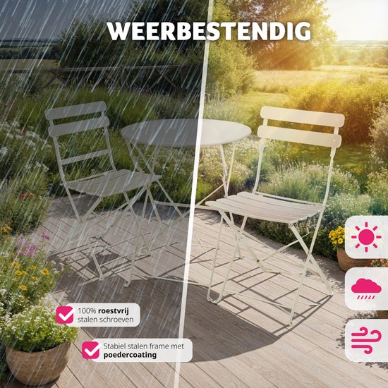 tectake - Klappbares Bistro-Set für 2 Personen mit Stahlgestell, Tisch und Gartenstühlen - Für Balkon und Terrasse - Outdoor-Set - Garten-Set - Klapptisch und Klappstühle - elegantes Design - creme