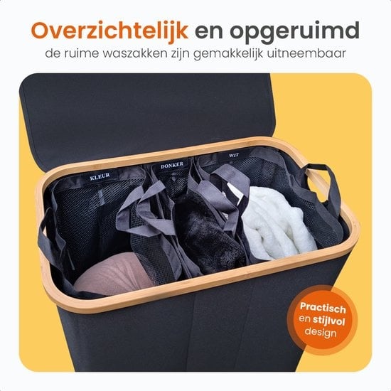 Goliving Wäschesortierer 3 Boxen - 150L - Faltbarer Wäschekorb mit Deckel - 3 herausnehmbare Taschen mit farbigen Etiketten - 57 x 37 x 66 cm - Schwarz