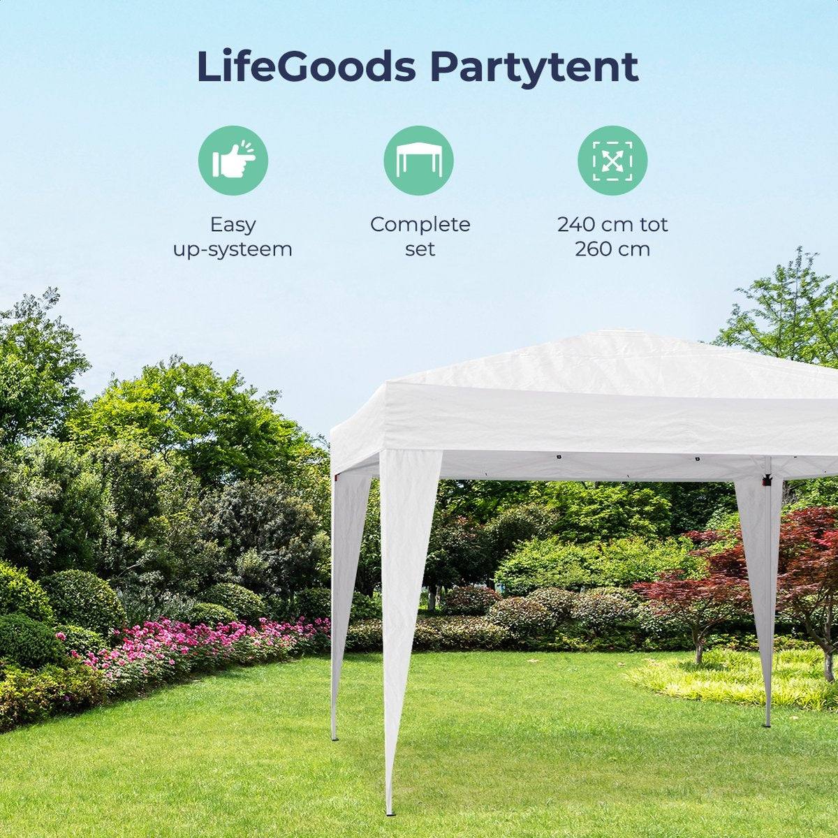 LifeGoods Partyzelt - Pavillon - 3x3 m - leicht aufbaubar - faltbar - wasserdicht - Tragetasche mit Rädern - weiß