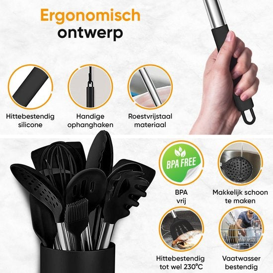 Strex Küchenutensilien-Set mit Halter 43-teilig - Hitzebeständig / BPA-frei / Silikon - Küchenutensilien