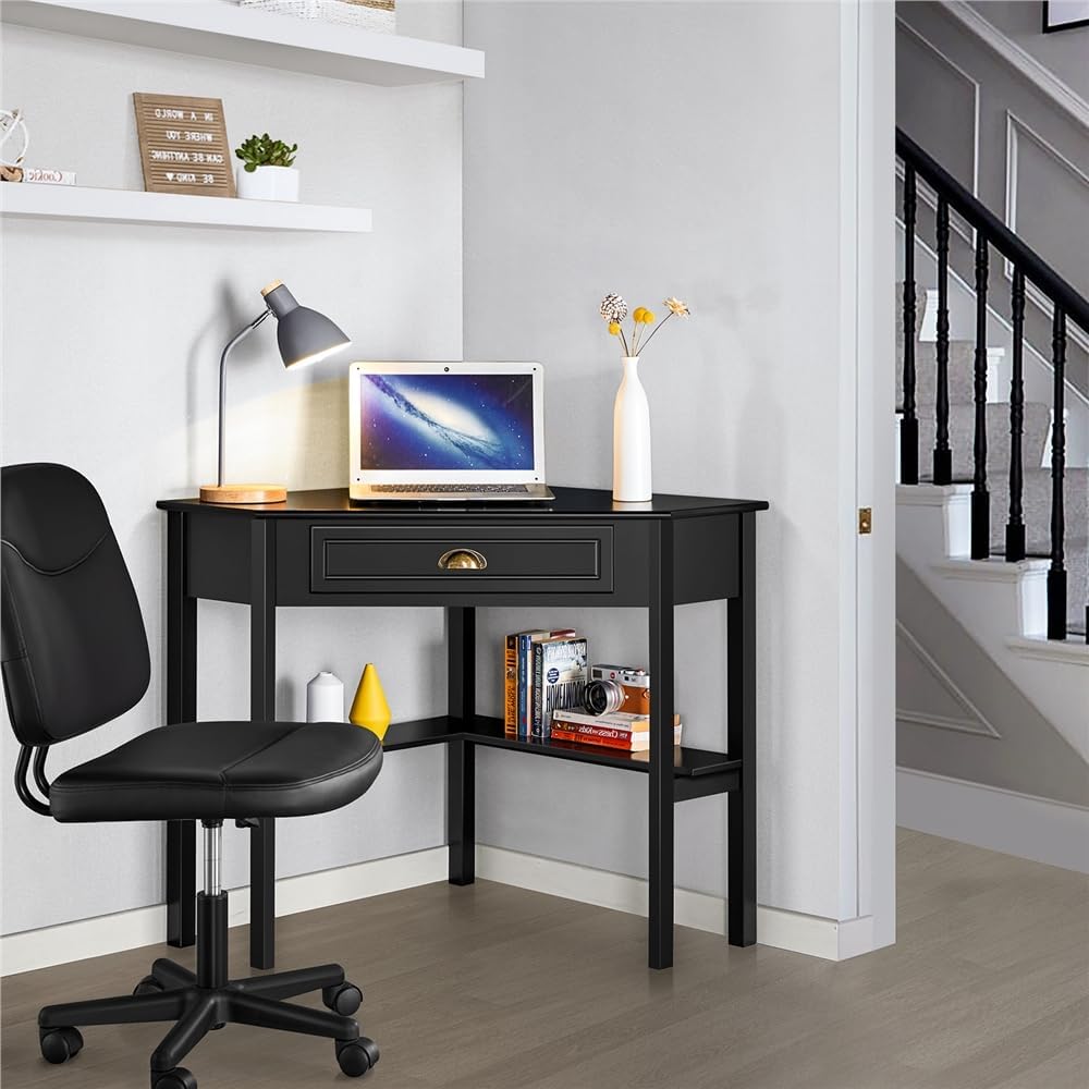 Yaheetech Eckschreibtisch 106 × 71,5 × 77 cm – mit Schublade und Einlegeböden, schwarz