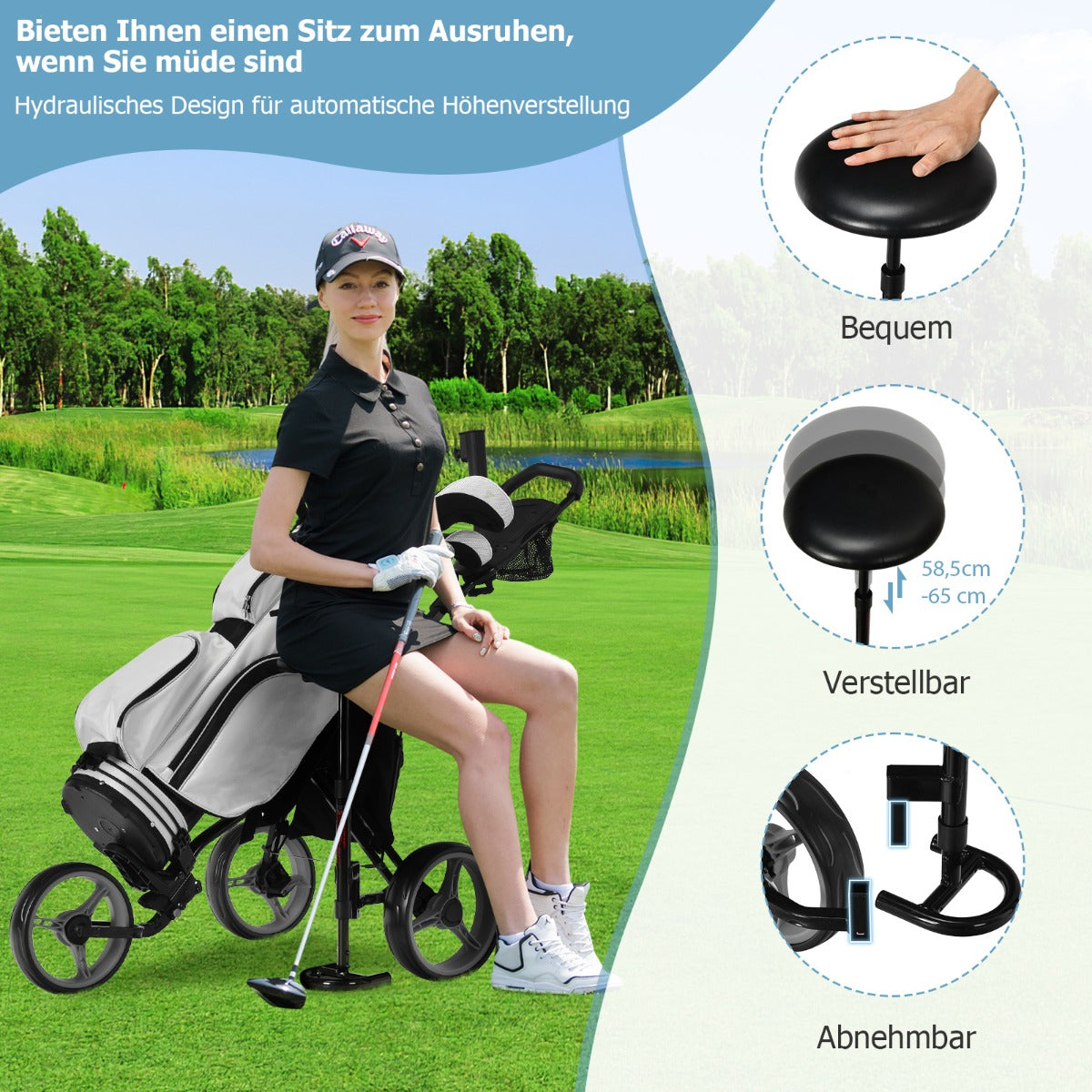Coast Golf Trolley mit Schirmhalterung und Stuhl - 130 x 75 x 120 cm - Grau/Schwarz