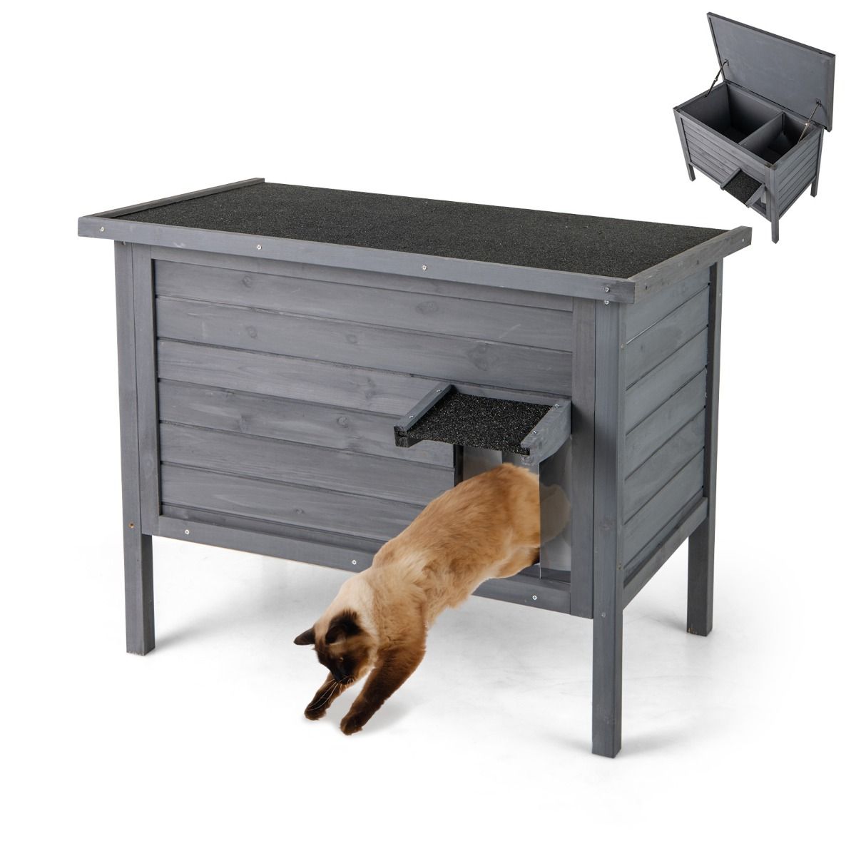 Coast Isoliertes Katzenhaus für den Außenbereich – Holzhäuschen mit aufklappbarem Dach – dunkelgrau 88 x 55 x 71 cm