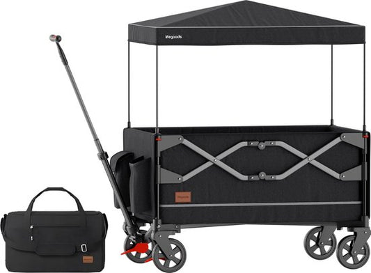 LifeGoods Wagon - faltbar - Kindertransport - mit Dach - 80KG Tragfähigkeit - Strandwagen - schwenkbare Räder - Anthrazit