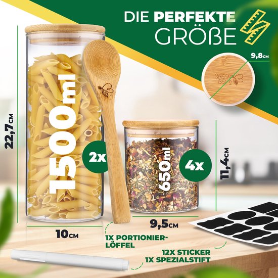 GREEN BEE`S 6er Set Vorratsglas groß - 2x1500ml & 4x650ml - Passgenau für Schublade & Apothekerschrank - Nachhaltige Vorratsgläser mit Deckel luftdicht - Für Mehl, Reis, Nudeln, Müsli und Bohnen