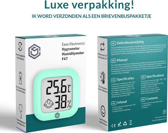 Ease Electronicz Hygrometer - Wetterstation - Luftfeuchtigkeitsmesser - Thermometer für Innenräume - inkl. Batterie und Klebestreifen