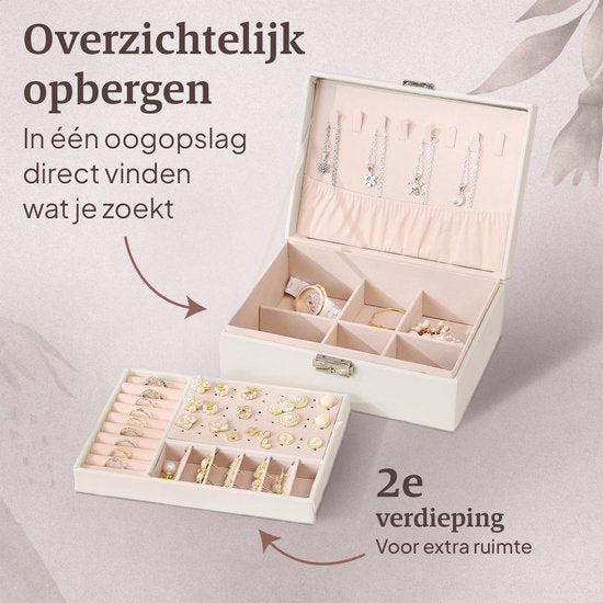 Vimora - Schmuckkästchen - für Erwachsene - Geeignet für Halsketten, Ohrringe, Armbänder & Ringe - Mit extra Boden - Schmuckkästchen Girls - Weiß