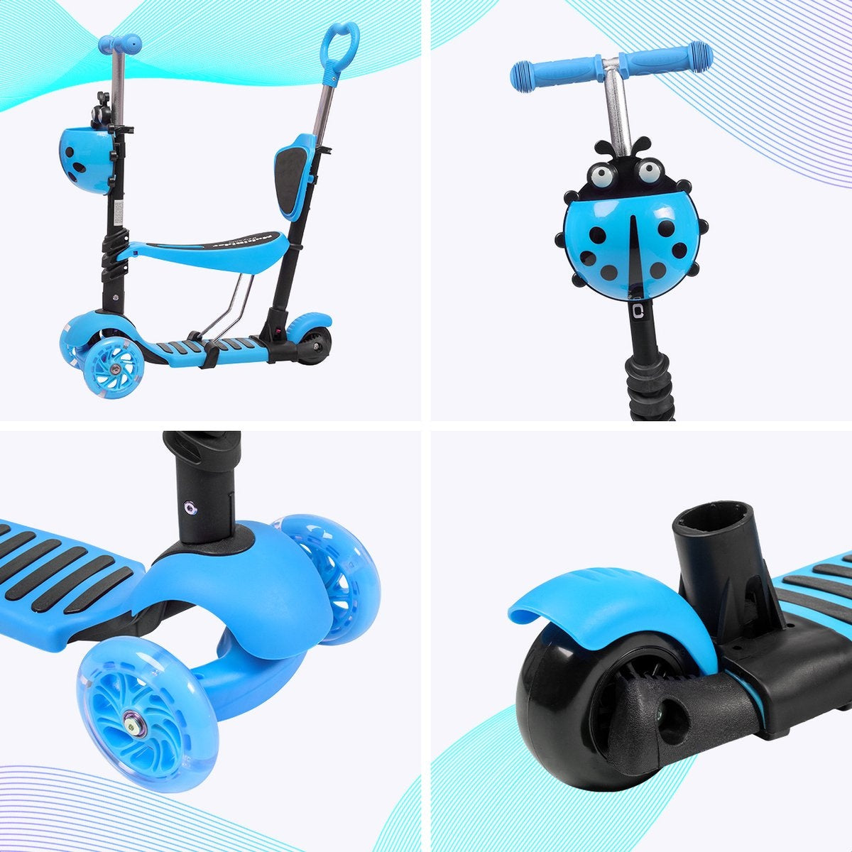 LifeGoods MultiRider - Kinderroller mit Schiebestange - 3 -8 Jahre - Jungen/Mädchen - 3 leuchtende Räder - Blau
