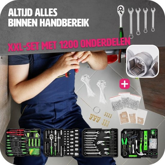 tectake Werkzeugkoffer, Werkzeugset, Werkzeugkoffer gefüllt 1200-teilig, Werkzeugwagen, 4-Ebenen-Werkzeugkoffer, Aluminiumkoffer mit Rollen und Teleskopgriff - schwarz