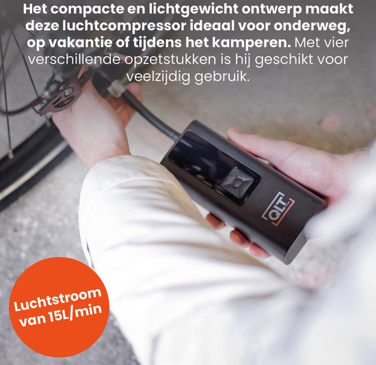 QLT Cordless Air Compressor Pro und Powerbank in einem - 4 Aufsätze und USB-Ladekabel im Lieferumfang enthalten - 10,3 Bar - mit LED-Beleuchtung - Schwarz