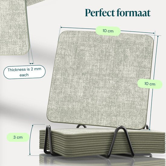 Castagnola Untersetzer aus Kunstleder – Untersetzer für Gläser – Design-Untersetzer mit Halter – Untersetzer-Set aus Kunstleder mit Metallhalter – Leder – 10er-Set – Grün meliert – 10 x 10 cm
