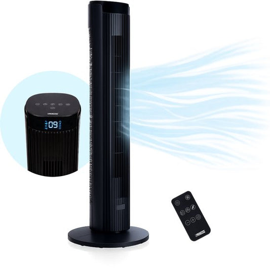 Princess DC Turmventilator 91 cm – besonders leise – 12 Geschwindigkeitsstufen – 4 Windmodi – 90°-Oszillation – Timer 1–24 Stunden – mit Fernbedienung – schwarz – 352370