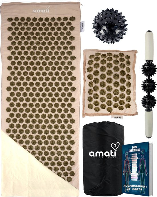 Amati Blue Lotus Nail Mat - mit Kissen - Massage Roller & Ball - Akupressur Matte - Shakti Mat - Beige