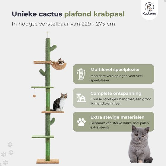 Kattenu CactusTower – Hoher Kratzbaum für die Decke – Verstellbar von 229 bis 275 cm – Grün – Kratzbaum für Katzen zur Befestigung an der Decke
