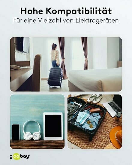 goobay  Reiseadapter „World to EU“, weiß – Typ F auf UK/CH/IT/US/JP – 16 A – 65 x 51 x 51 mm