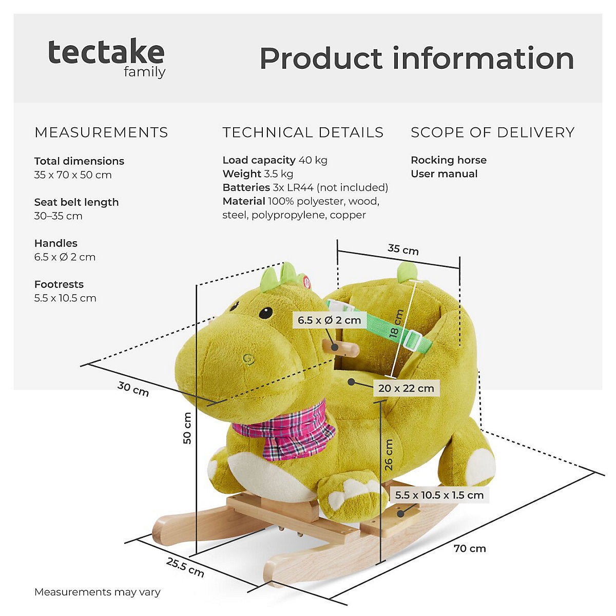 Tectake Schaukelpferd Dinosaurier 50 cm – Holz/Plüsch – Soundeffekt – Grün
