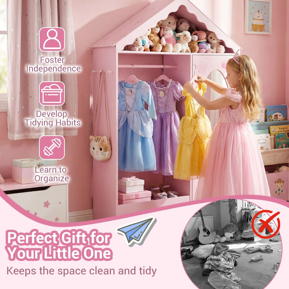 Coast Kinderkleiderschrank mit Spiegel – Dachförmiges Design mit Kleiderstange, Regalböden und Haken – 85,5 x 30 x 121 cm – Rosa