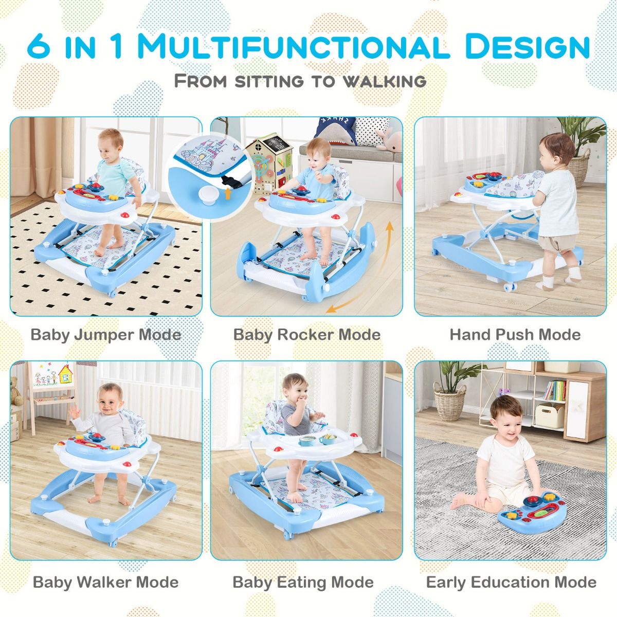 Coast 6-in-1 Kinderwagen Blau - Höhenverstellbar (71,5 x 62 x 50,5-54,5 cm) - Überrollsicher mit Notenblatt und gepolstertem Sitz