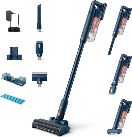 Philips Stabstaubsauger mit Wischfunktion XC5141/01 Aqua - Kabellos und beutellos - Saugdüse mit LED-Leuchten - Staubbuster - Akkulaufzeit bis zu 60 Minuten - Leicht - Blau