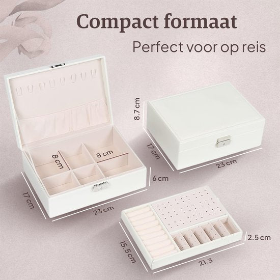 Vimora - Schmuckkästchen - für Erwachsene - Geeignet für Halsketten, Ohrringe, Armbänder & Ringe - Mit extra Boden - Schmuckkästchen Girls - Weiß