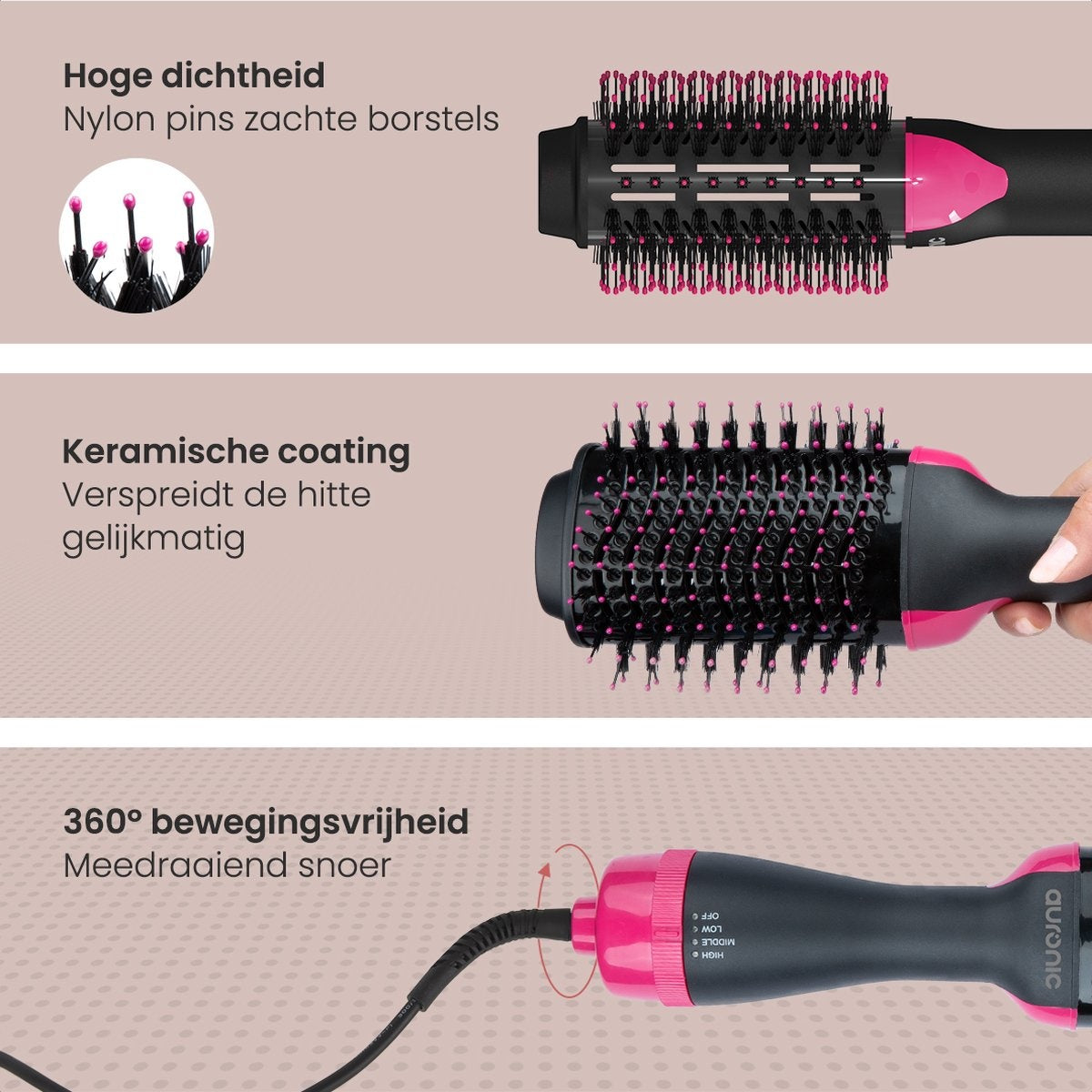 Auronic - 3-in-1 Haartrocknerbürste rund - Lang/Kurz/Style/Locken - Schwarz/Pink