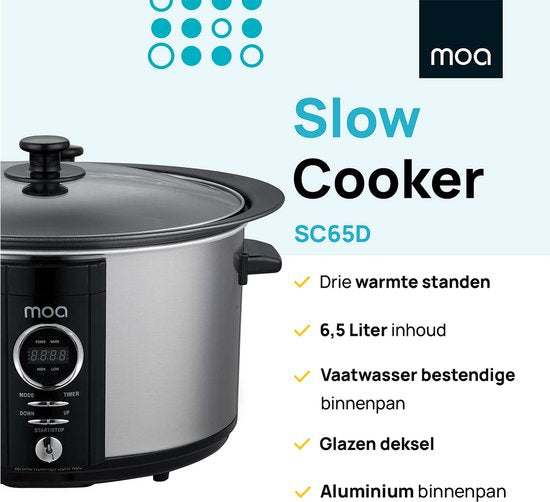MOA Slow Cooker mit Timer - 6,5L - Ø 24,5cm - Aluminium-Innenbehälter - transparenter Deckel - 3 Heizstufen - spülmaschinenfest - BPA-frei - rostfreier Stahl