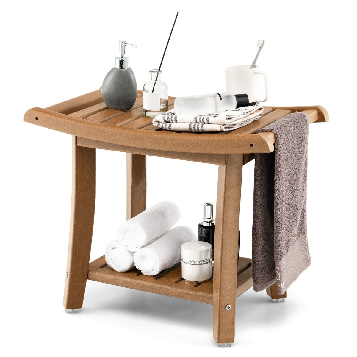 Coast Duschhocker – wasserdicht – geschwungene Sitzfläche – Ablage – braun – 60,5 x 34 x 48 cm